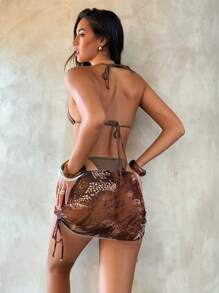 Aloruh 3 件套女士比基尼套装，性感优雅复古扎染印花波西米亚迷你三角杯吊带上衣、迷你丁字裤和迷你半裙罩衫，适合海滩度假