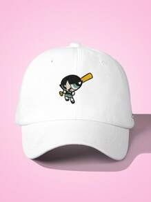 THE POWERPUFF GIRLS X SHEIN Buttercup Embroidered Fashionable White Washed Baseball Cap