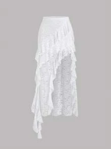 SHEIN PETITE Minifalda asimétrica con volantes de encaje y parches en estilo bohemio para mujeres de estatura baja, para primavera/verano