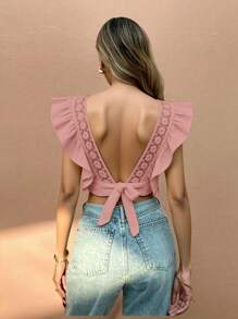 SHEIN Frenchy Women's Solid Color Ruffle Cap Sleeve Summer Backless Bow Decor Fitted Blouse Pink - Baby Pink - View 3