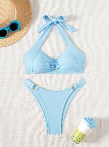 SHEIN Swim 夏季海滩女式纯色露背文胸和泳裤比基尼套装泳衣棕色比基尼两件套比基尼 - 藍色 - 查看 3