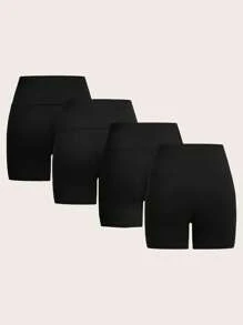 SHEIN EZwear Set de 4 piezas Leggins cortos de punto casuales negros para mujer, de verano