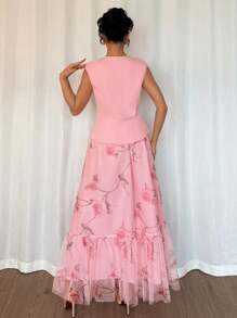 Elenzga Top elegante e romantico da donna con vita raccolta e decorazione floreale 3D, set di due pezzi con stampa floreale in rete, arricciato