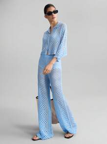 Ontre 2025 新款女士海滩独立日舒适休闲风格宽松开衫，钩针针织风格春夏舒适休闲装，海滩装 - 淺藍色 - 查看 4