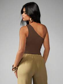 MISSGUIDED ملابس علوية كاجوال حفلات مساء ارتداء الصيف المنتجع، ذات كتف واحد بتفصيل خاتم الجانب رابط جانبي ، قماش خيزران مطرح جانبي غير متماثل الياقة - قهوة بني - مشاهدة 2