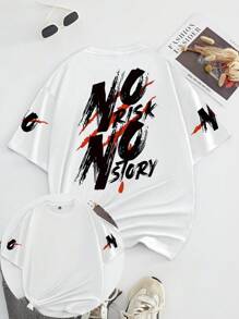 Flirla No Risk No Story Slogan Letter Graphic Plus Size Women Plus Size Round Neck Short Sleeve T-Shirt - White - View 3