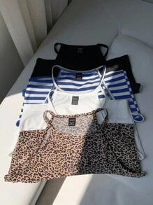 SHEIN EZwear 4 件套女士豹纹和条纹图案紧身休闲吊带背心，适合夏季 - 彩色 - 查看 6
