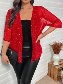 SHEIN LUNE Áo khoác lưới mỏng đính đá Rhinestone cỡ lớn cho nữ dự tiệc Lễ Tạ ơn năm mới, tiệc Giáng sinh, áo sequin, áo đi chơi đêm giao thừa, trang phục công sở, năm mới, tiệc tùng, trang phục thường ngày cho phụ nữ, phong cách quý tộc, ngày lễ tình nhân, tình yêu/người yêu - Đỏ - Xem 1