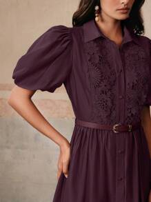 Anewsta فستان أنيق بتصميم رقعي بنقشة الزهور مع كشكشة في الأسفل وخصر مخصر، باللون البنفسجي، مناسب للعطلات والحفلات والمناسبات، للربيع والصيف - الأرجواني - مشاهدة 2