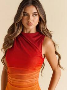 SHEIN BAE Women's Summer Gradient Print Pleated Asymmetric Bodysuit Sleeveless Bodysuit - Orange - View 7