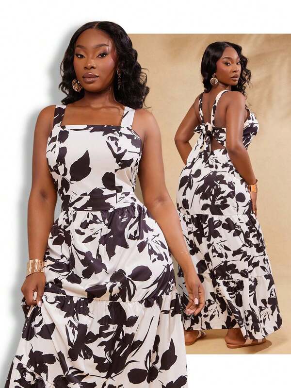 SHEIN SXY Vestido de verano con tirantes de espagueti, volantes y estampado floral para mujer talla grande