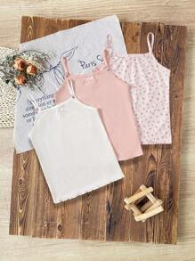 3pcs/Set Tween Girl Liberty Print, Solid Color Spring Cami Top Innerwear Sweet Ditsy Floral Girls' Base Layer Top"Dopamine Color Palette - Multicolor - View 2