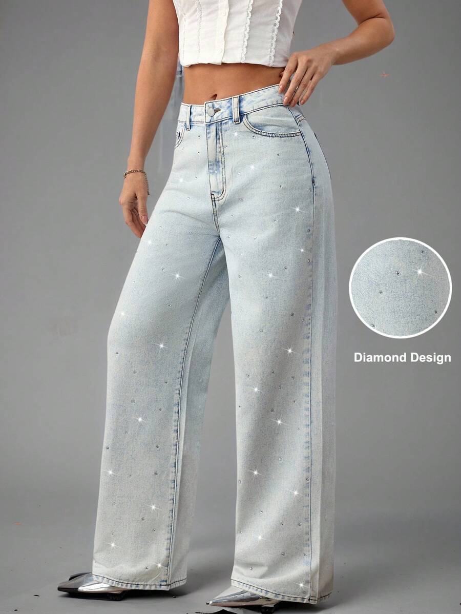 SHEIN BAE Women's Casual Distressed Wide Leg Jeans Low Rise Jean Work Clothes Women Offices For Women Concert Women Teachers For Women Airport For Women, Going Out - Light Wash - View 1