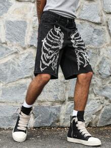 PAVTROS Manfinity Streetrush Men's Skeleton Print Pocketed Distressed Bermuda Denim Shorts Graphic Shorts For Men - Black - View 7