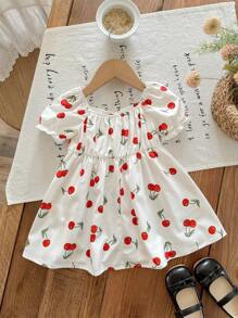 SHEIN LMoss Kids Babygirl Cute Cherry Print Loose Short Sleeve Casual Vacation Dress, Summer - White - View 2