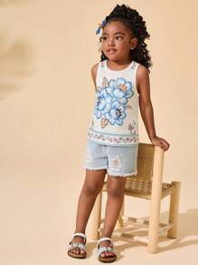 SHEIN Young Girl Fitted Ditsy Floral Crew Neck Casual Vacation Knit Tank Top - White - View 4