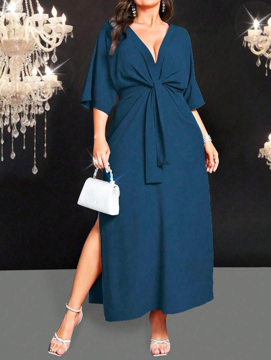 SHEIN Belle Plus Size Fitted Long Dress, Fashionable For Summer - Blue - View 1