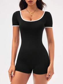 Easithlete Women's Crew Neck Contrast Color Criss-Cross Open Back Casual Jumpsuit