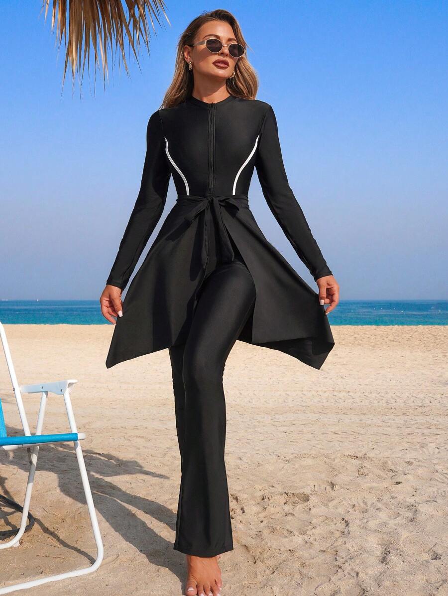 Swim Mulvari Schwimmen Shayni 2-teiliger Badeanzug-Set, Rundhals Langarm-Top und formschließende lange Hose, Strandüberwurf, konservative Feiertags-Burkini