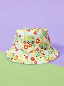 SCOOBY-DOO X SHEIN Reversible Cartoon Car & Floral Pattern Cute Bucket Hat - Black - View 1