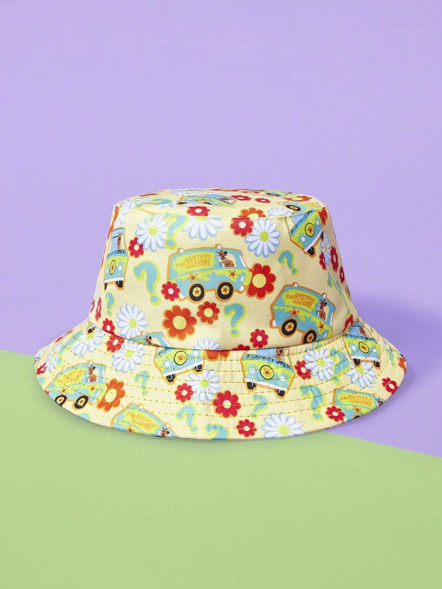 SCOOBY-DOO X SHEIN Reversible Cartoon Car & Floral Pattern Cute Bucket Hat - Black - View 1