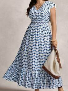 SHEIN LUNE Plus Size Striped Print Ruffle Hem Vacation Casual Boho Summer Old Money Dress - Blue and White - View 3
