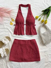 Soleia Bộ 2 món đồ nữ vải kết cấu ren hoa viền yếm hở lưng buộc dây áo crop top cho kỳ nghỉ hè, tiệc tùng, trang phục thường ngày hẹn hò, lễ hội âm nhạc, phong cách boho - Màu Đỏ Sâu - Xem 4