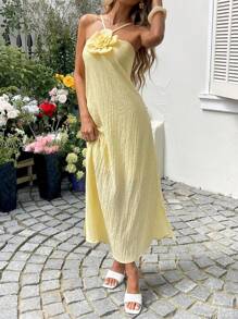 Sylviya 女士休闲3D立体花卉吊带开衩连衣裙，休闲款 - 黃色 - 查看 7