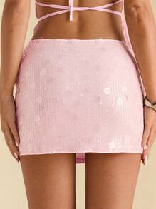SHEIN BAE 春夏女式纯色亮片短裙，适合派对、亮片迷你夏季短裙、俱乐部性感、音乐会 - 珊瑚粉 - 查看 2