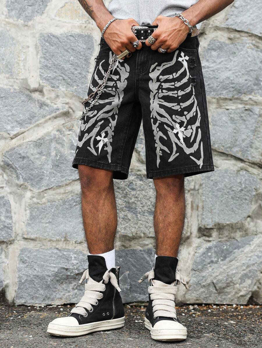 PAVTROS Manfinity Streetrush Men's Skeleton Print Pocketed Distressed Bermuda Denim Shorts Graphic Shorts For Men - Black - View 1