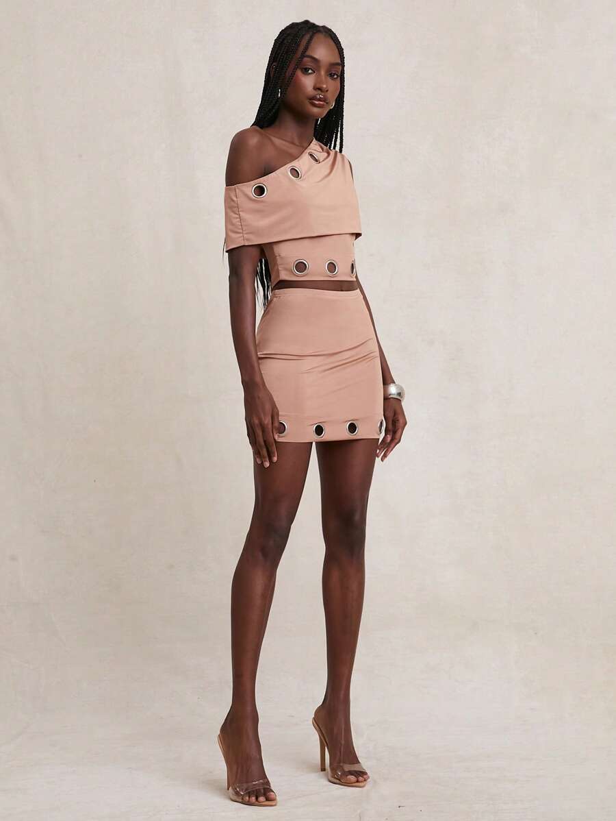 NYA SZN Huda Skirt High Rise Eyelet Detail Bodycon SexyConcert Club Party Grunge Streetwear Going Out Fall Summer Vacation Mini Skirt Statement Festival Carnival Outfits For Women - Brown - View 1