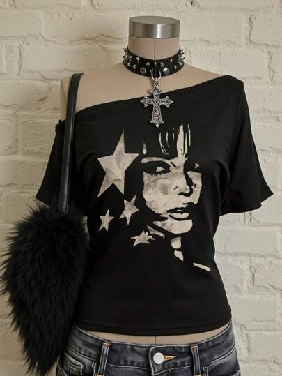 Camiseta con gráfico de figura de estrella retro para mujer, Top estética de manga corta y hombros descubiertos, apta para primavera/verano