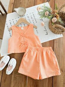 Emery Rose Kids Emery Rose Kids 2pcs Young Girl Set: Woven Striped Round Neck Top And Woven Shorts - Orange - View 4