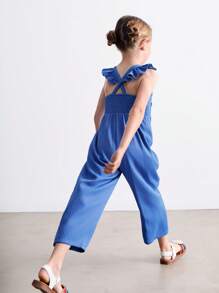 SHEIN Young Girls' Summer Ruffle Strap Bow Knot Faux Denim Jumpsuit