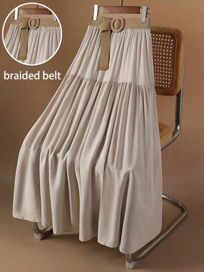 Franclia 法式复古丝绸竹条纹米色松紧腰带收腰双层下摆带编织腰带点缀女士春夏半裙亚麻度假春夏半裙