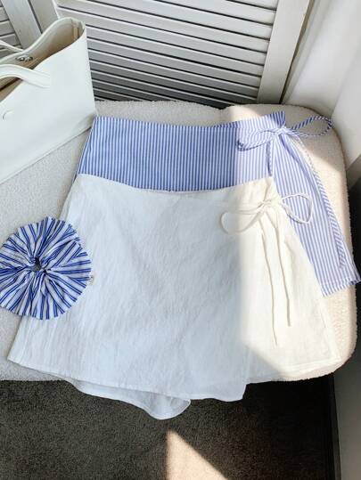 Comfortcana 2pcs/Set Women Summer Casual Linen Bow Tie Striped Pants Skirt And White Drawstring Wrap Shorts Set Suitable For Beach Holiday,Micro Shorts