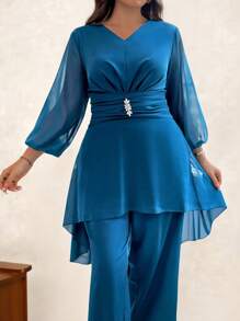SHEIN Clasi Bộ 2 món cỡ lớn, trang trí đá giả màu trơn tay áo đèn lồng cao thấp & quần ống rộng cho nữ cỡ lớn, váy trang trọng cho nữ - Màu xanh hải quân - Xem 4