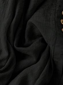 Linhara 大码女式优雅休闲纯色纽扣V领长袖衬衫 - 黑色 - 查看 4