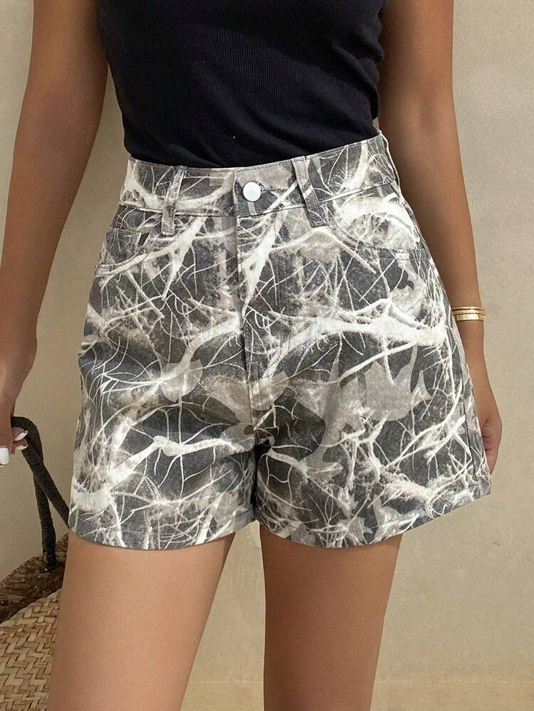 Women's Casual Bark Texture Print Denim Shorts, Street Style For Summer Jorts