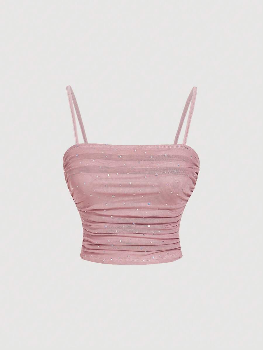 SHEIN MOD Front Gathered Dusty Pink Tight Elegant, Autumn Top, Sexy, Party, Date,Club Tops,Sequin Top,Birthday Cami Top