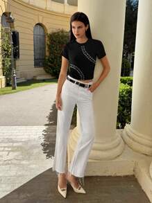 Maija Women Metal Grommet Round Neck Short Sleeve T-Shirt, Suitable For Summer Y2k Crop Tops, Women Going Out Tops, Country Concert Rave Airport Top  Going Out Tops Women Going Out Tops Going Out Outfits Tops For Going Out - Black - View 5