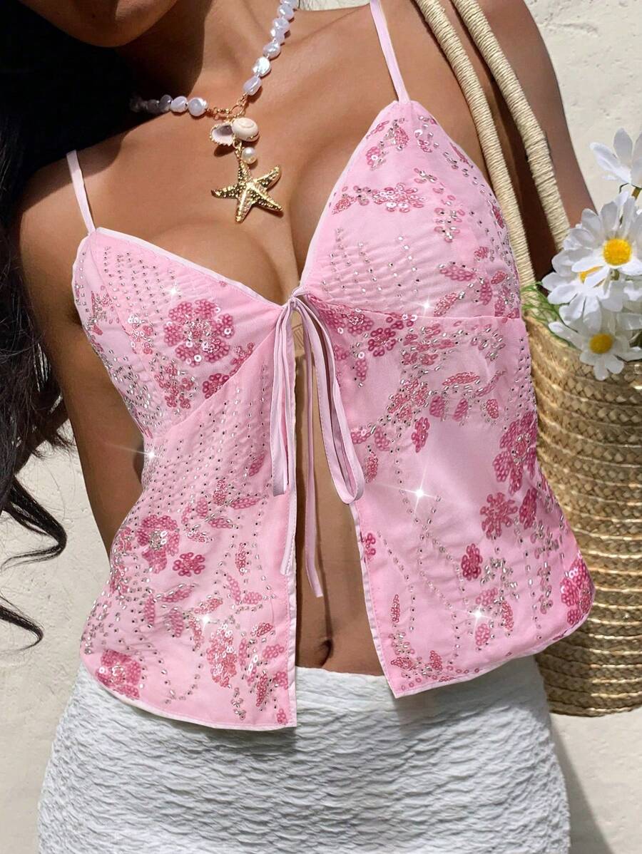 Serisse 夏季女士亮片刺绣吊带背心，锐舞派对服饰，伊比沙岛服饰，串珠粉色亮片上衣