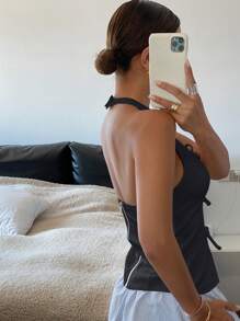 DAZY Áo hai dây cổ chữ V sâu thắt nơ cho nữ - Màu xanh hải quân - Xem 5