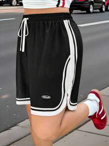 Muchica Black Sheer Plus Size Women's Shorts, Fashionable For Summer - Black and White - View 1