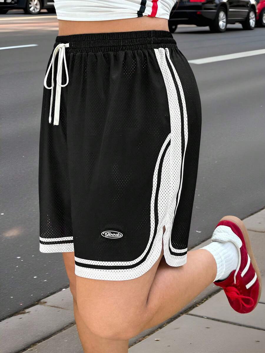 Muchica Black Sheer Plus Size Women's Shorts, Fashionable For Summer - Black and White - View 1