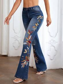 SHEIN Floral Embroidery Flare Leg Jeans - Dark Wash - View 1