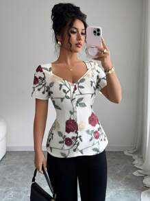 Elenzga Áo lưới thêu mới mùa hè cho nữ - Màu be - Xem 1