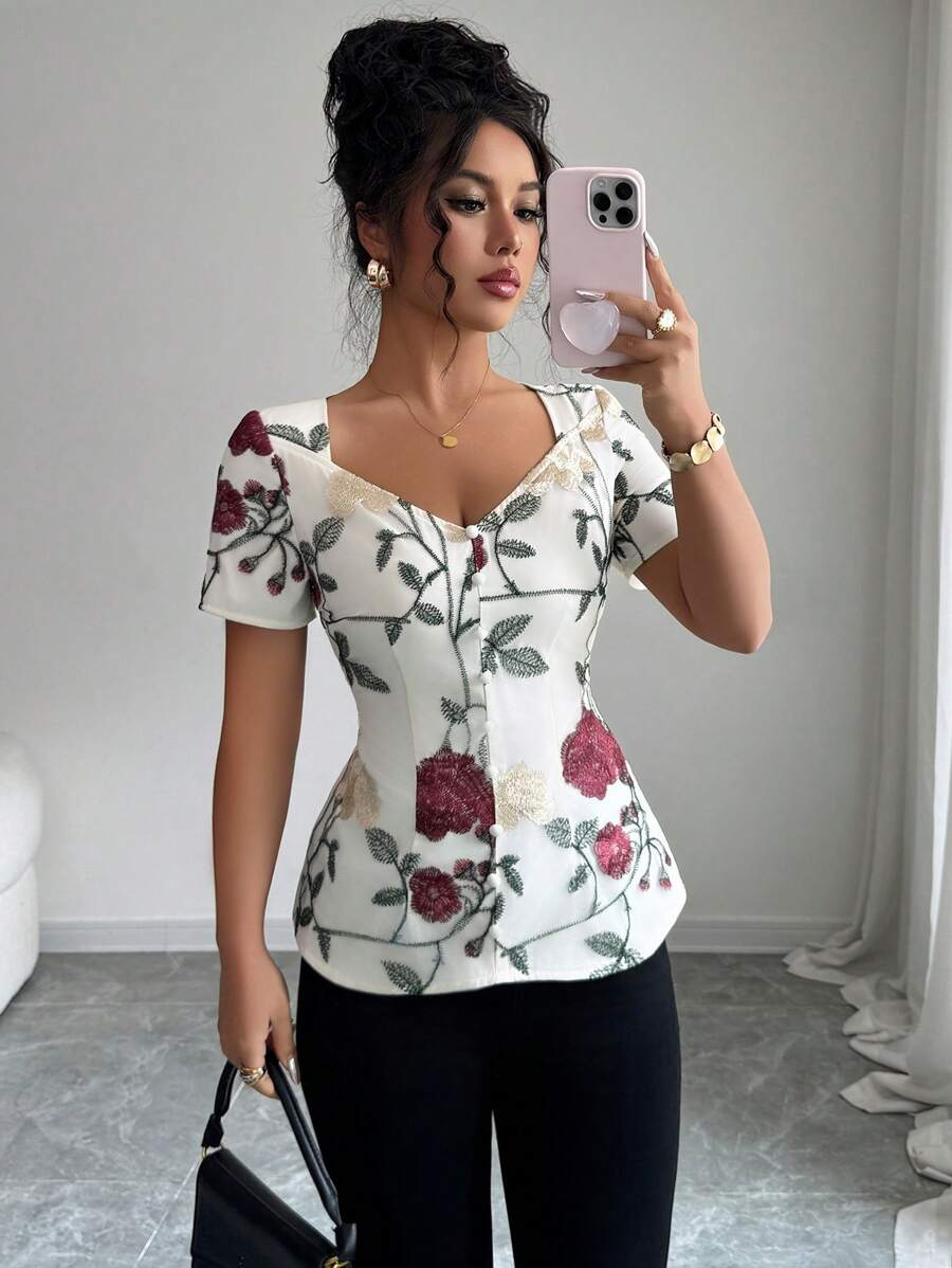 Elenzga Áo lưới thêu mới mùa hè cho nữ - Màu be - Xem 1