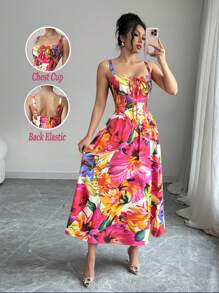 SHEIN Unity Rafferiza 女式浪漫红色彩色花卉印花纯色情人节约会生日度假休闲连衣裙荷叶边前系带蝴蝶结可爱太阳裙演唱会服装优雅吊带后背不对称腰部修身A字下摆2025夏季新款长裙 - 彩色 - 查看 7