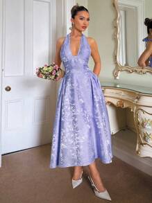 Glamine Charm 复古3D压花花卉V领无袖喇叭裙女装 - 紫色 - 查看 5